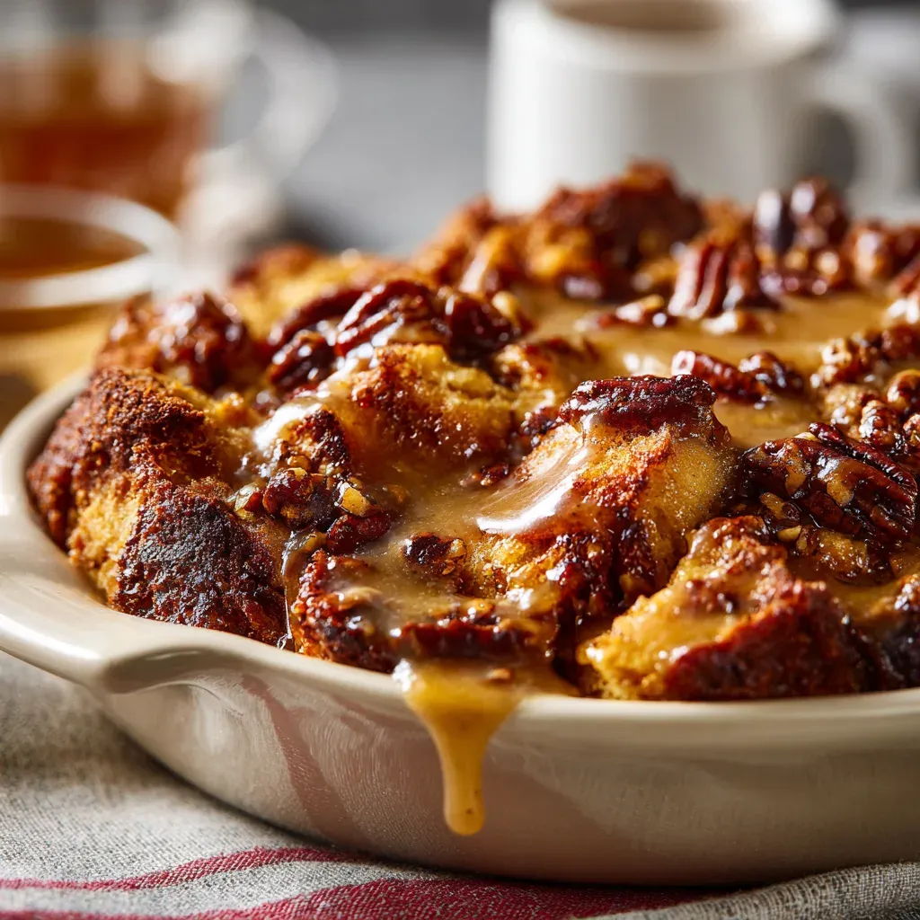 Baked pecan bread pudding in a white dish, glossy with caramel sauce and topped with toasted pecans
