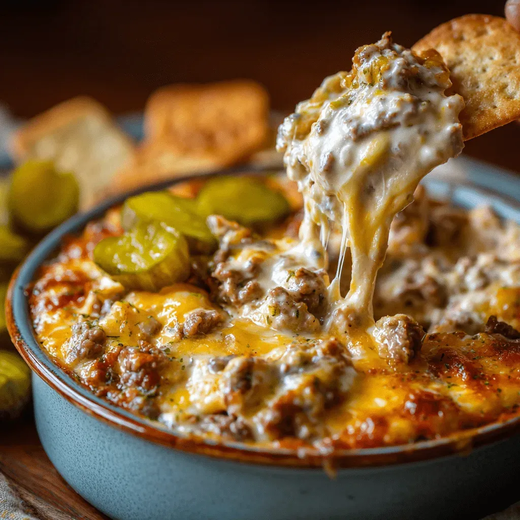 Crockpot Big Mac Dip in a slow cooker topped with melted cheese and pickles