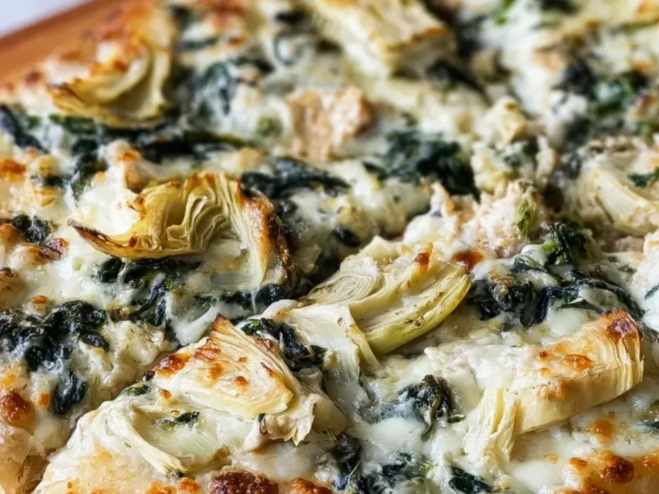 A rectangular pizza with a white creamy sauce, chopped spinach, artichoke pieces and browned melted cheese over a puffed golden crust
