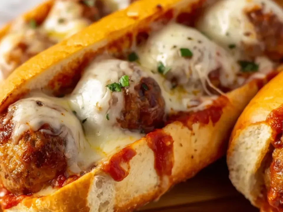 Toasted sub rolls filled with meatballs in red sauce under melted mozzarella and herbs