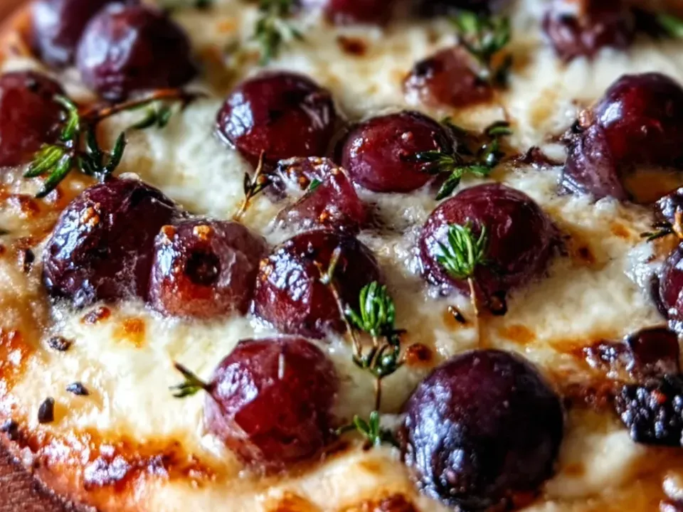 A thin flatbread pizza with a white cheese base, whole roasted dark red grapes, fresh thyme and a browned puffed crust