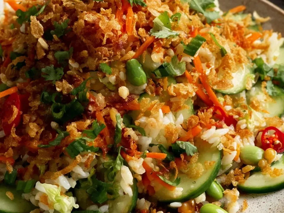 Loose crisped rice tossed with shredded carrot, cucumber, edamame, sliced red chili, green onion and cilantro