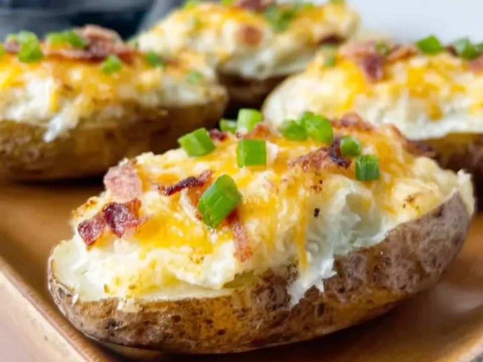 Baked potato halves refilled with fluffy whipped potato, topped with melted cheddar, crisp bacon and sliced green onion