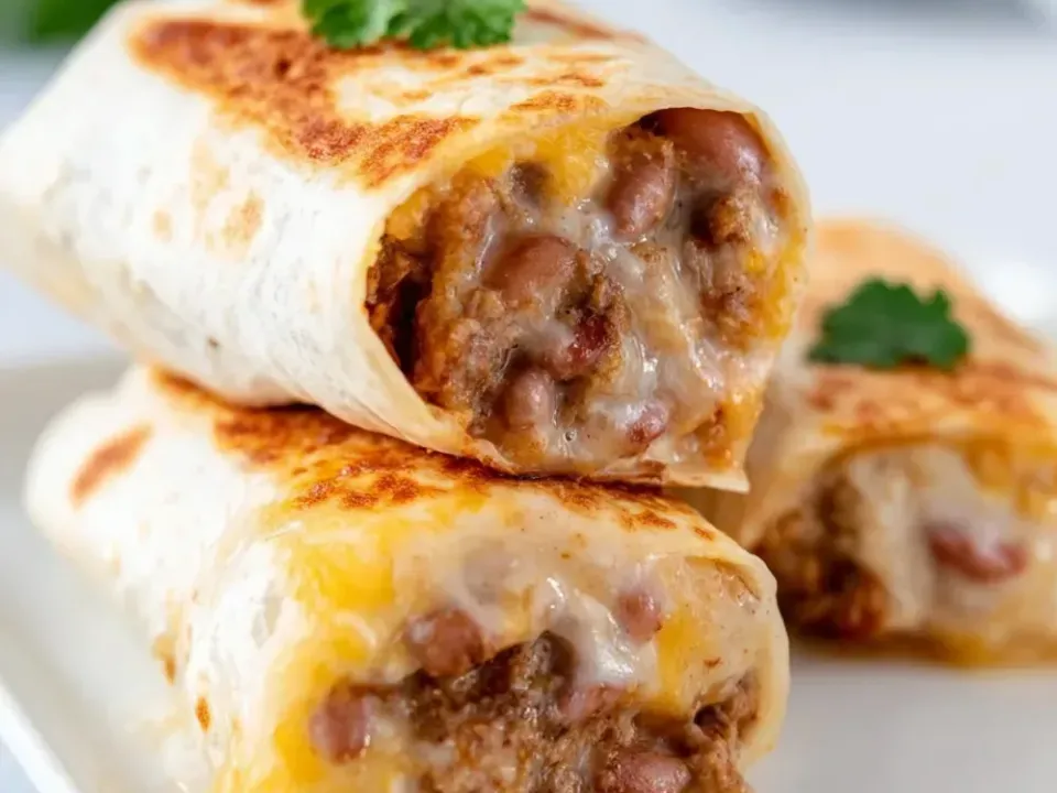 Griddled flour tortilla burritos cut open to show whole pinto beans, a brown mashed-bean filling and melted cheese