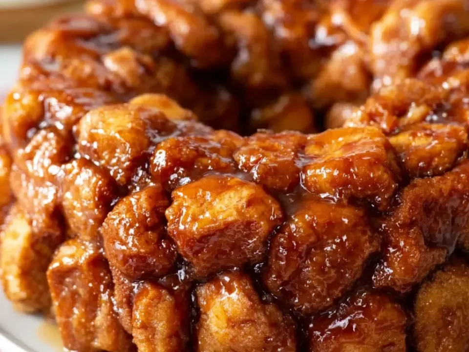 A ring-shaped monkey bread of glossy caramel-coated dough pieces with cinnamon sugar, pulled from a bundt shape