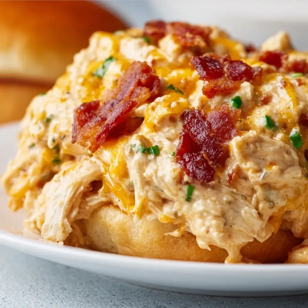 Shredded chicken in a creamy ranch sauce with melted cheddar and crisp crumbled bacon, piled onto a soft sandwich bun