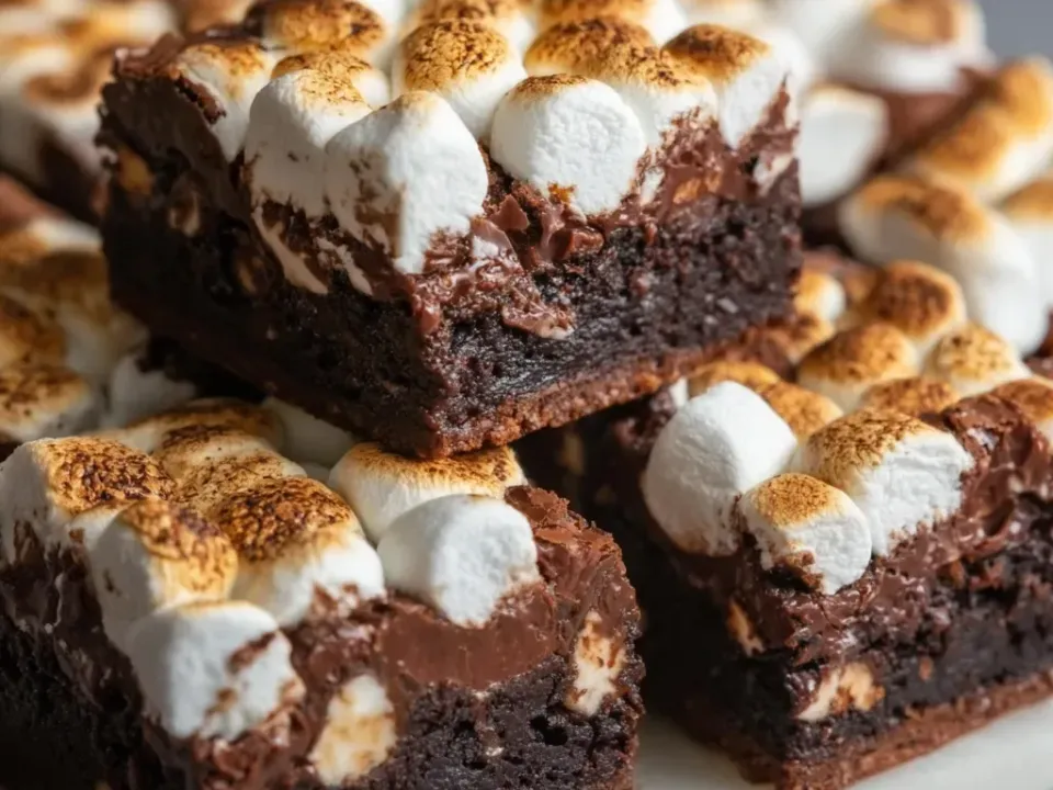 Squares of dark fudgy brownie topped with toasted mini marshmallows, stacked