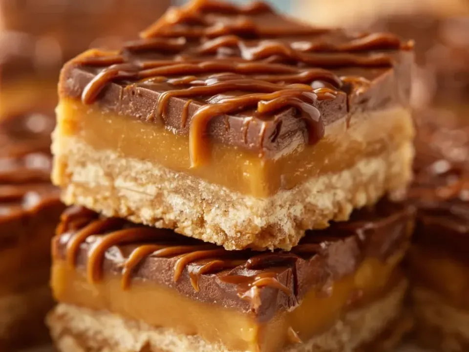 Stacked bars with a pale shortbread base, a thick amber caramel layer, a chocolate top and a caramel drizzle