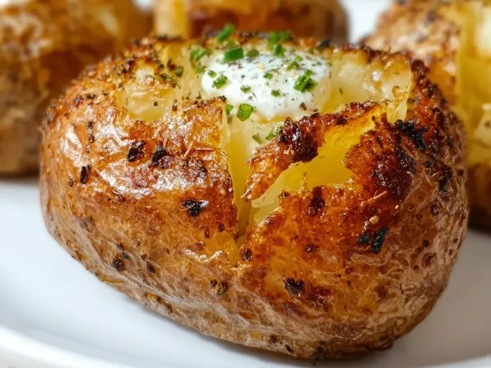 Whole baked potatoes with crisp seasoned skins, split open with a white dollop and chives in the centre
