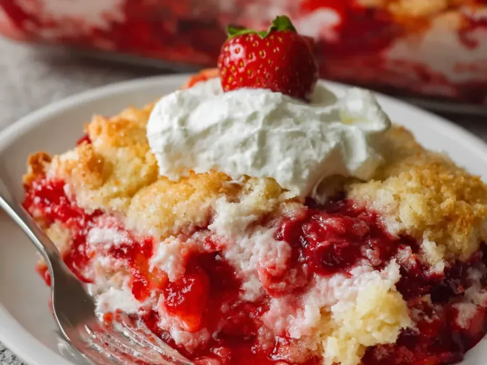 A spoonful of baked strawberry dessert with bright red fruit filling beneath a pale crumbly cake-mix topping, served with whipped cream and a strawberry