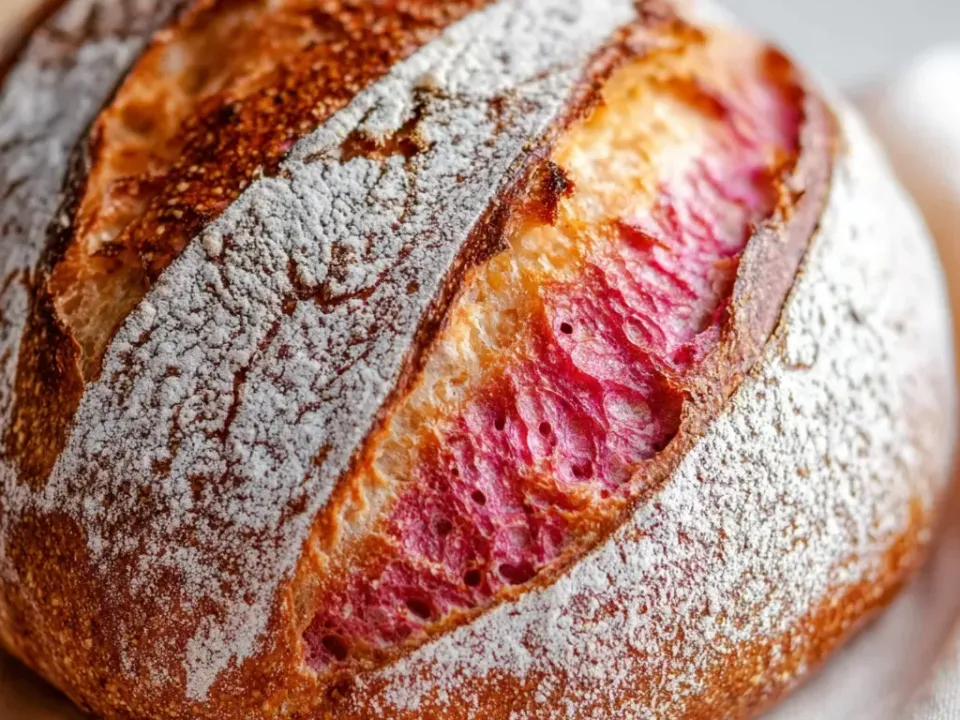 A floured round sourdough loaf with deep scoring and a dark crust, broken open to show a vivid pink streaked crumb