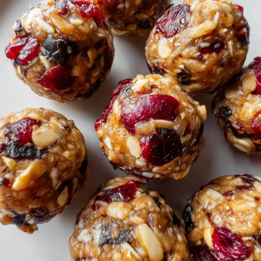 Overhead view of oat energy bites studded with dried cranberries, cherries and coconut on a white plate