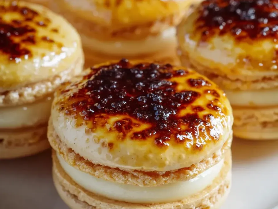 Pale macaron shells sandwiched with a custard cream filling, the tops torched to a dark caramelised crust