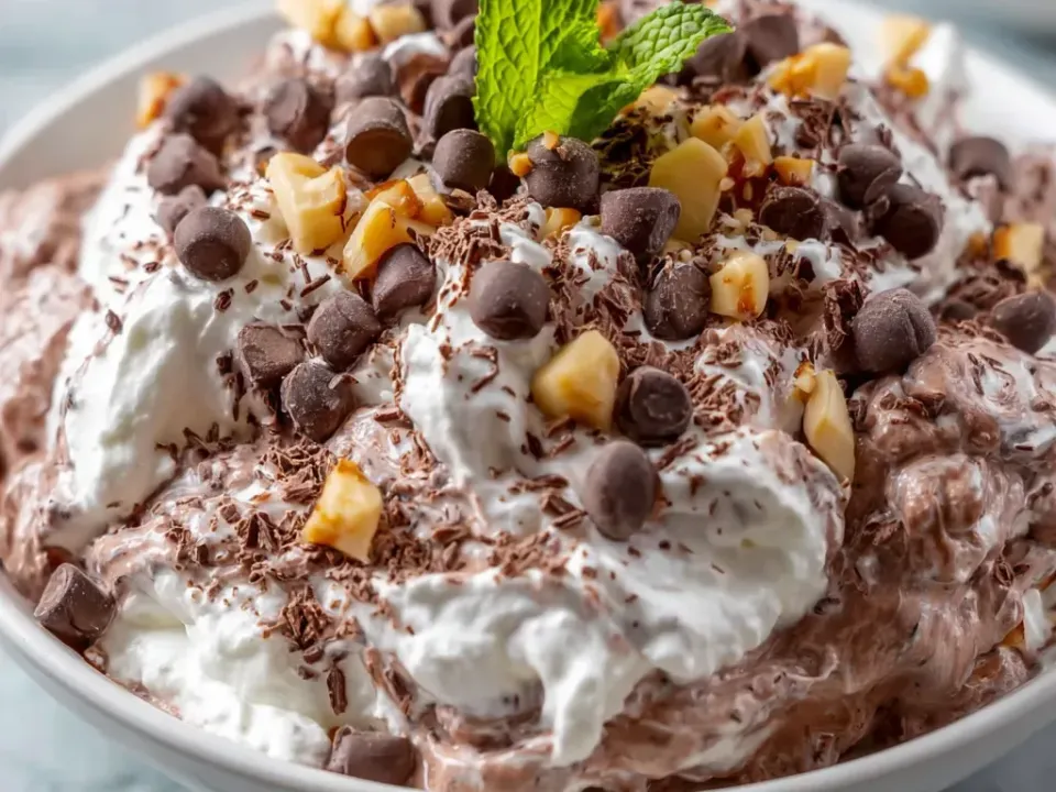 A bowl of light chocolate whipped fluff swirled with white cream, topped with chocolate chips and chopped toffee pieces