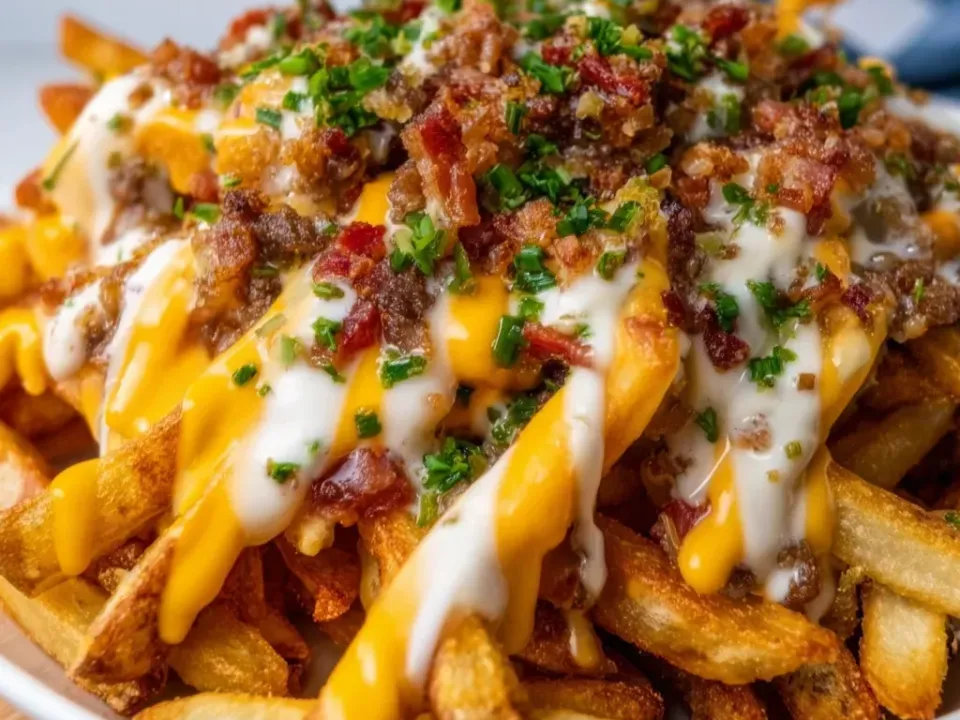 A plate of crisp fries loaded with cheddar sauce, a white ranch-style drizzle, bacon bits, seasoned crumbles and chives