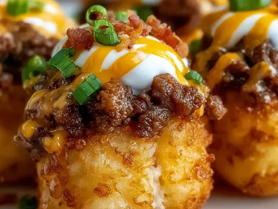 Crisp golden potato cups topped with seasoned ground beef, a cheddar sauce drizzle, sour cream, bacon bits and sliced green onion