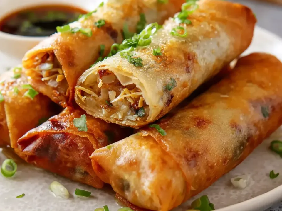 Deep-golden blistered fried spring rolls, one cut open to show a shredded vegetable and meat filling, with a dark dipping sauce behind
