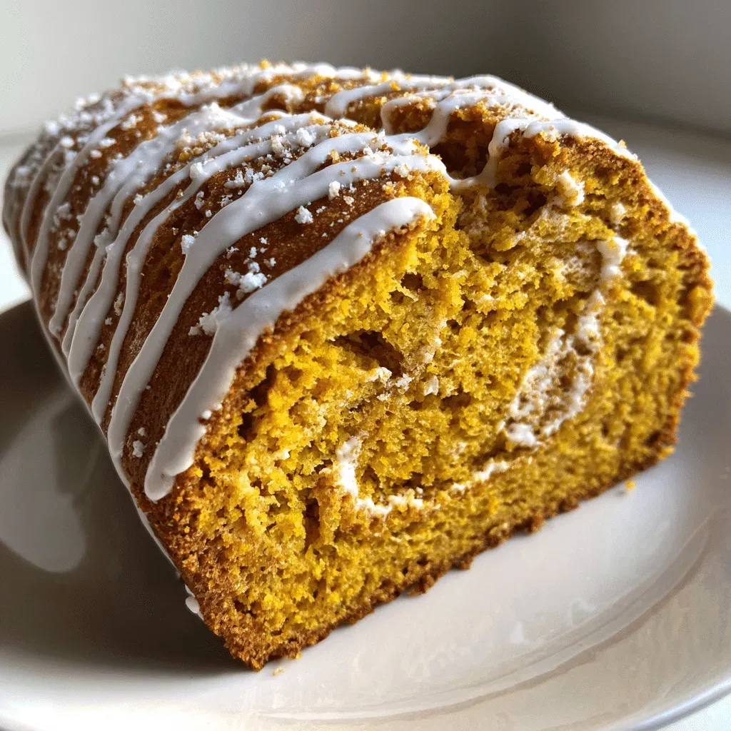 Slice of pumpkin bread with a cream cheese swirl, drizzled with white frosting and dusted with sugar