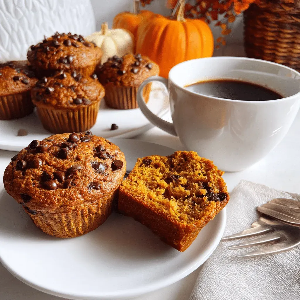 Pumpkin chocolate chip muffins on a white plate, one broken open, with a cup of black coffee behind