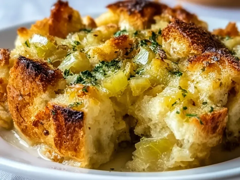 A square of savoury bread pudding with golden toasted cubes, soft green leek pieces, melted cheese and chopped herbs