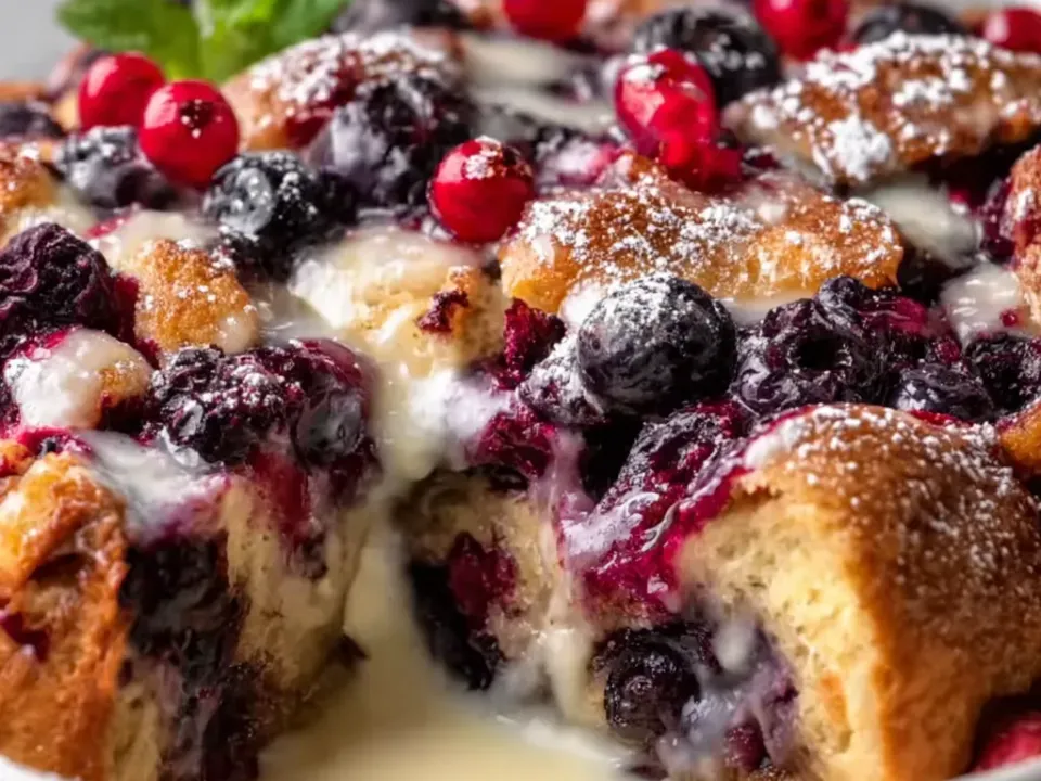 A square of bread pudding studded with baked blueberries, blackberries and red berries, with a pale vanilla sauce pooling and fresh red currants and mint on top