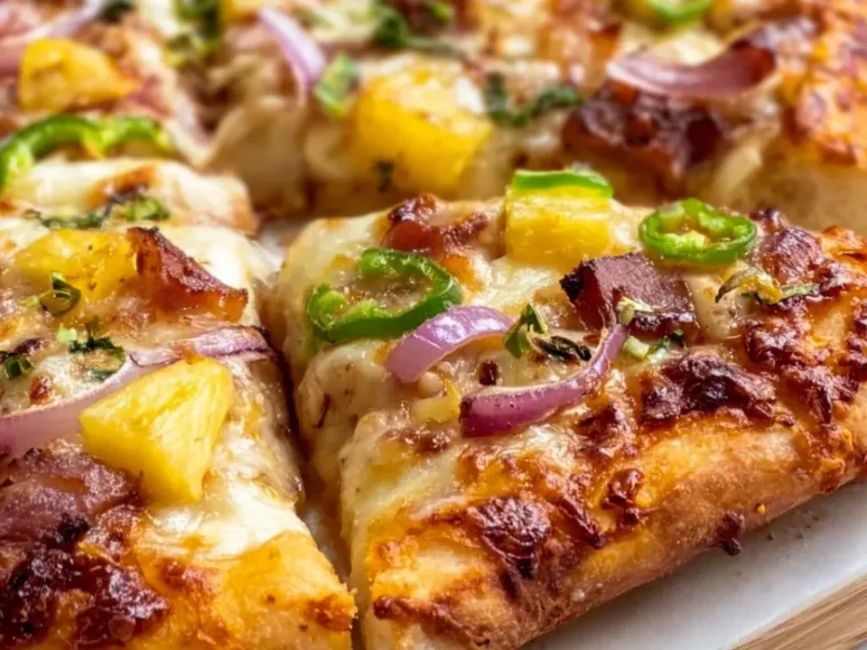 A sliced pizza with melted cheese, pineapple chunks, diced cured pork, red onion slivers and jalapeño rings on a golden crust