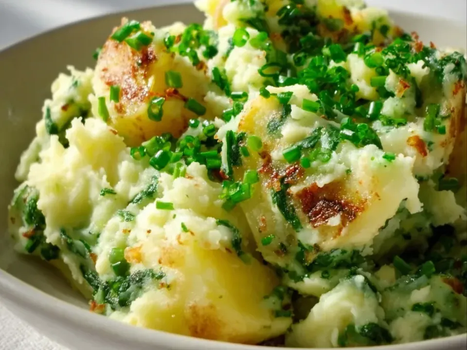 A bowl of mashed potato mixed with chopped greens and chives, with a butter well