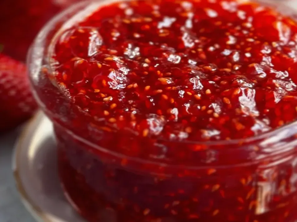 A glass jar of thick bright red seeded strawberry jam with a glossy surface, with whole strawberries behind it