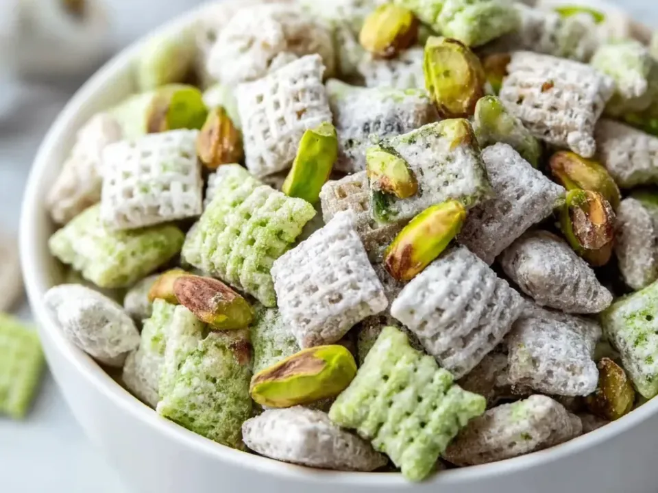 A bowl of powdered-sugar-coated cereal squares, some tinted pale green, mixed with whole pistachios