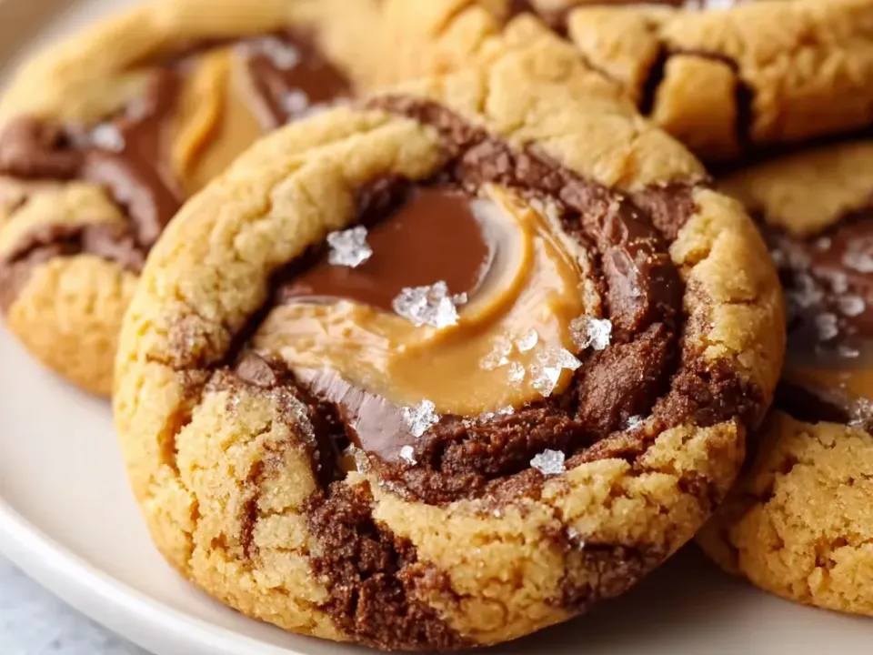 Round cookies with a marbled peanut butter and chocolate dough, a glossy peanut-butter pool in the centre and flaky salt
