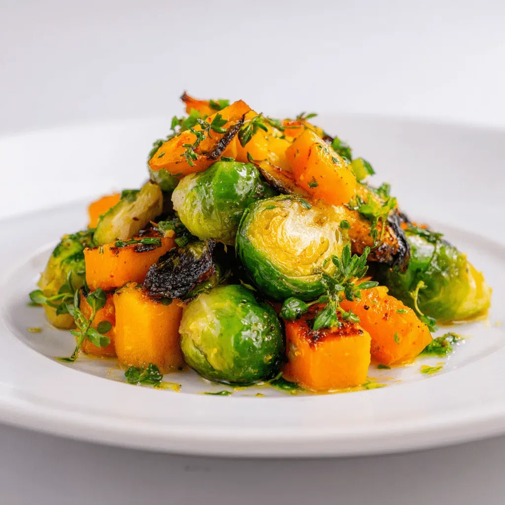Roasted halved brussels sprouts and cubes of butternut squash piled on a white plate, sprinkled with fresh herbs