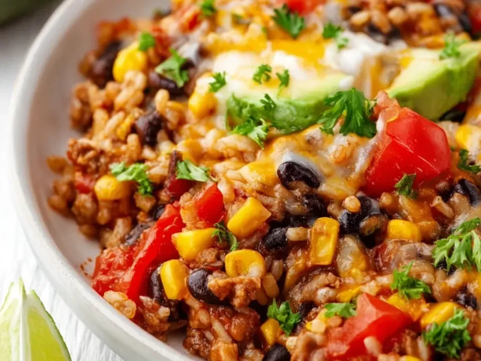 A bowl of seasoned rice with black beans, corn, diced tomato and red pepper, topped with melted cheese, avocado and cilantro