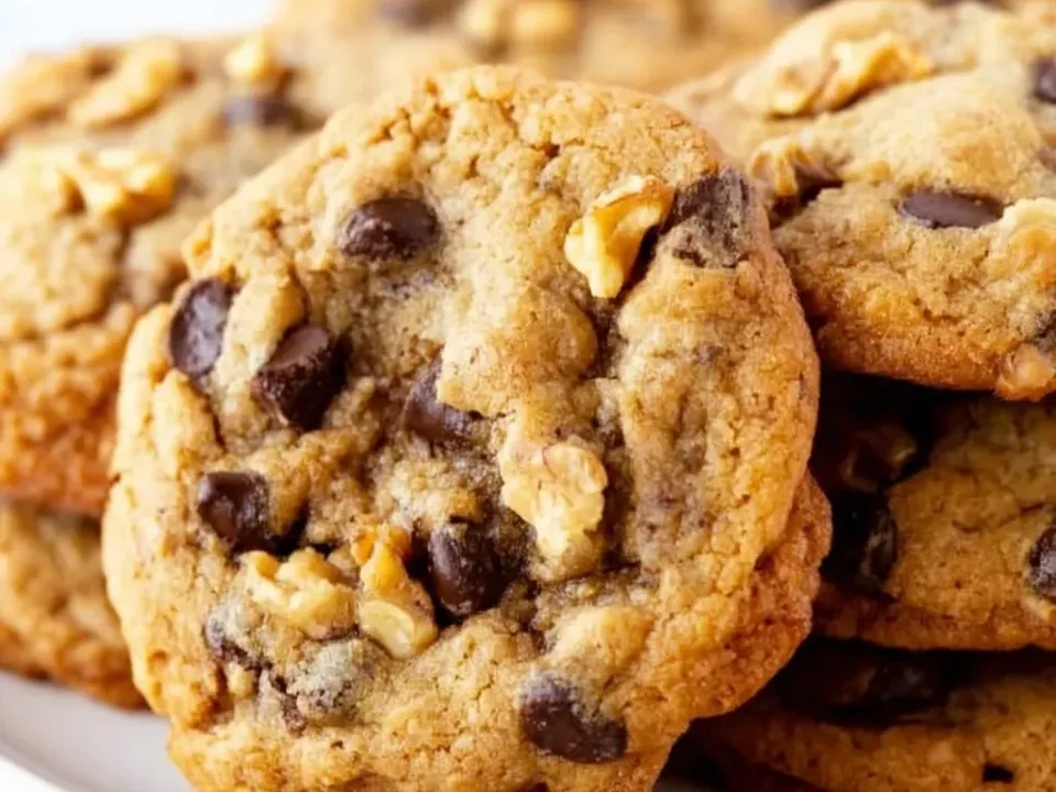 Thick golden drop cookies with semisweet chocolate chips and chunks of walnut through a chewy crumb, stacked on a plate