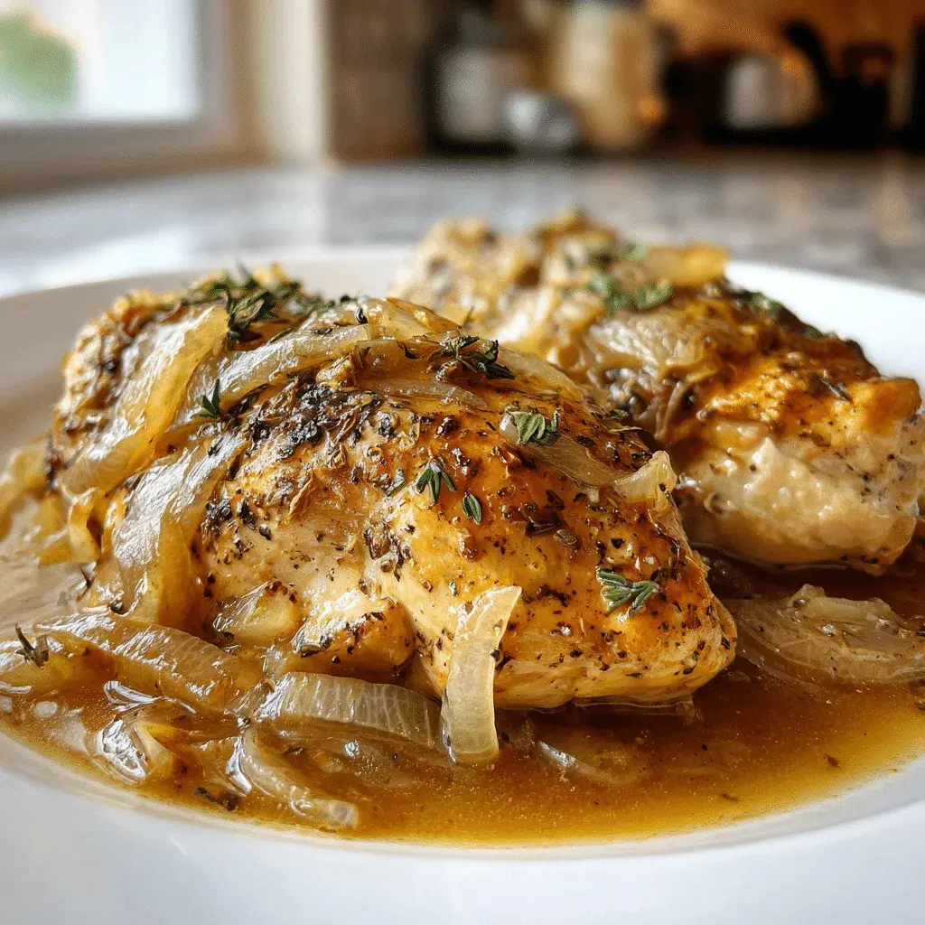 Browned chicken breasts on a white plate smothered in abundant soft translucent sliced onions in a brown jus, finished with fresh thyme sprigs