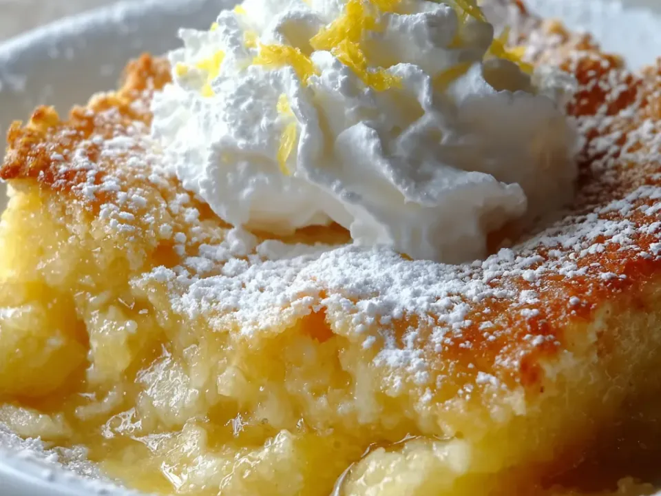 A spoonful of pale gold baked lemon dessert with a gooey pudding-like base and a sugar-crusted top dusted with powdered sugar, topped with whipped cream, lemon zest and mint