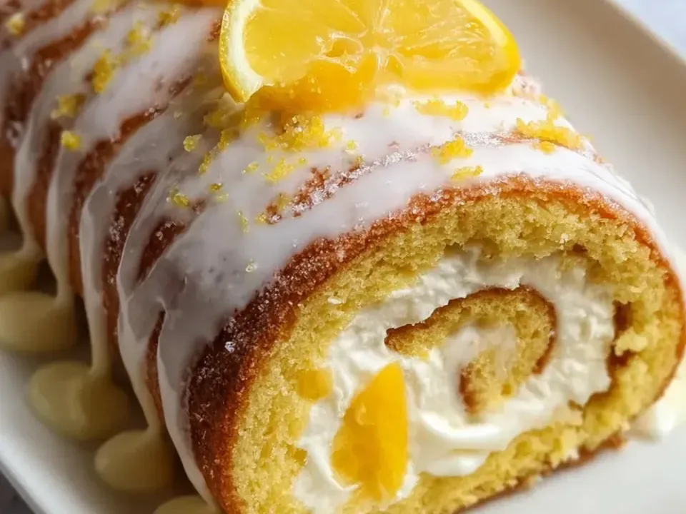 A rolled sponge cake sliced to show a spiral of white cream filling with lemon curd pieces, covered in a white glaze drizzle and topped with lemon slices and zest