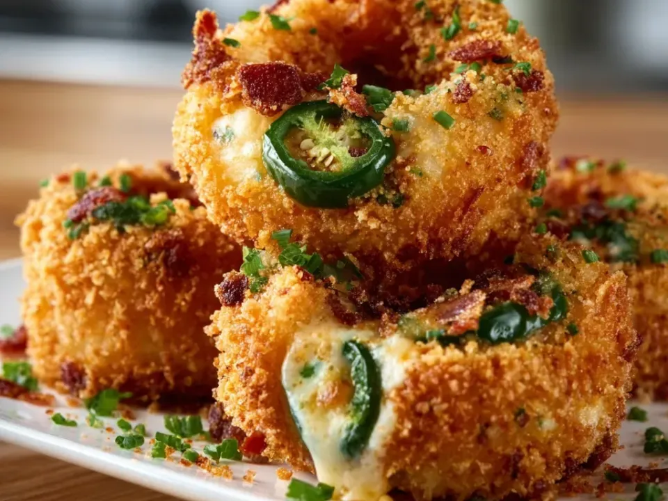Thick breaded onion rings stuffed with a melting cream-cheese filling, jalapeño slices and bacon bits, fried golden