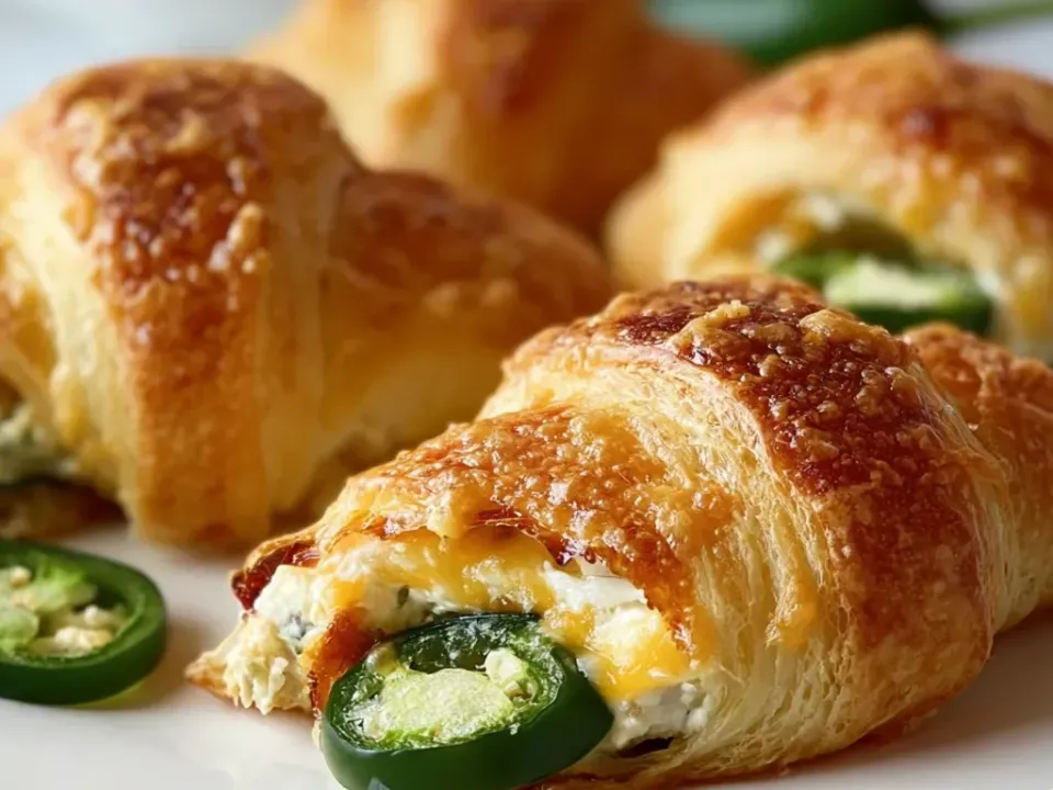Golden crescent rolls wrapped around a cream cheese and cheddar filling with jalapeño slices visible at the open ends, with jalapeño rounds on the plate