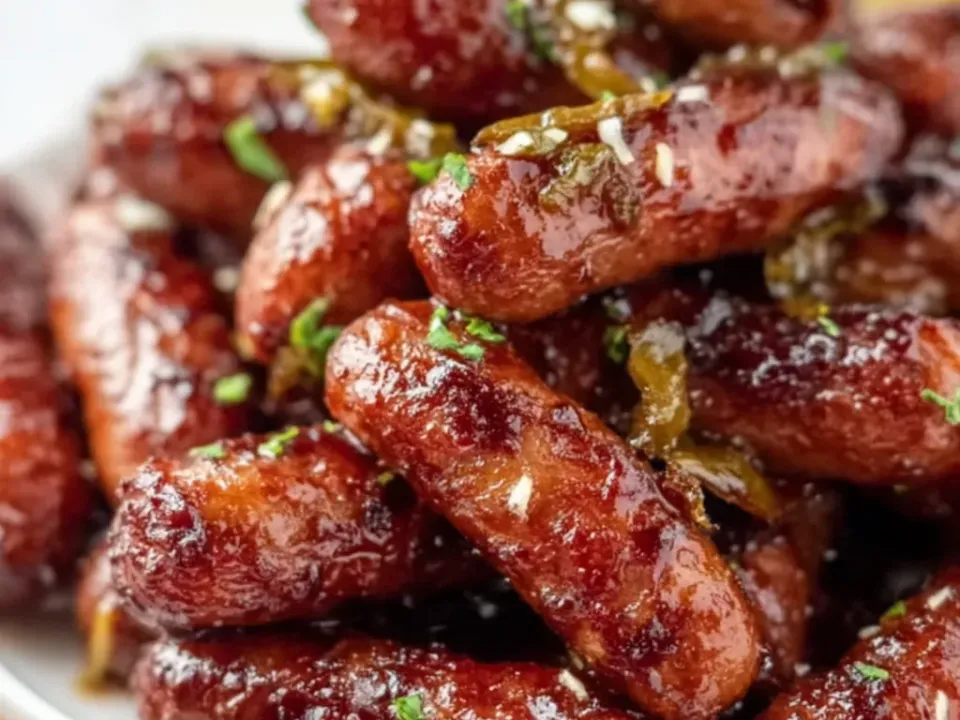 Glossy dark-glazed cocktail sausages with pepperoncini slices and herbs