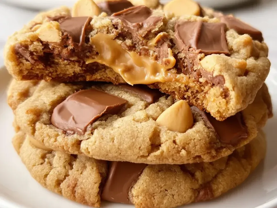 Thick peanut butter cookies studded with chopped peanut butter cups, milk chocolate pieces and peanut butter chips, one broken to show a soft peanut butter centre