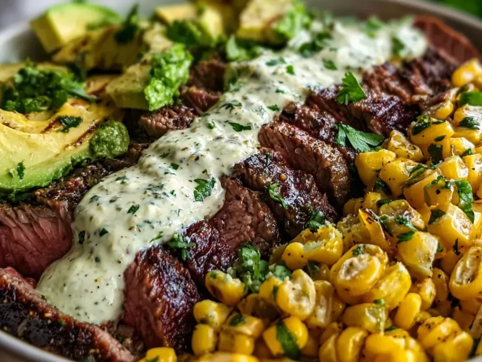 A bowl of sliced seared steak, charred corn kernels and avocado halves, drizzled with a green-flecked cilantro cream sauce and herbs
