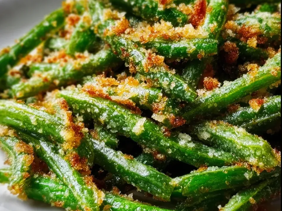 Green beans coated in a crisp golden Parmesan and breadcrumb crust, piled on a plate