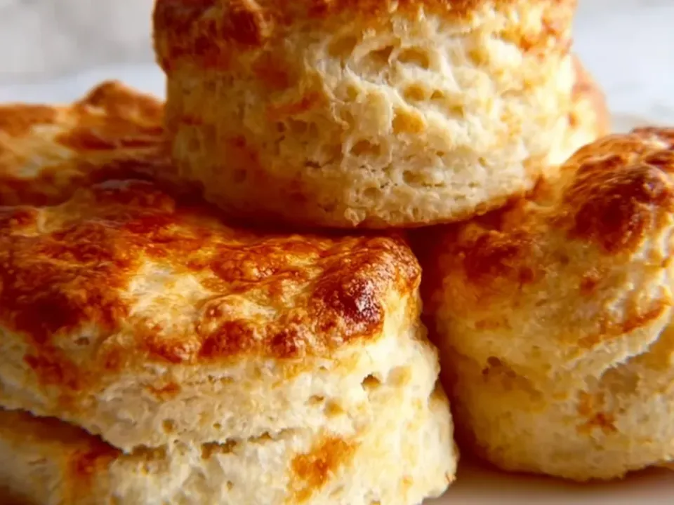 Tall flaky biscuits with golden browned tops and visible layers, stacked on a plate