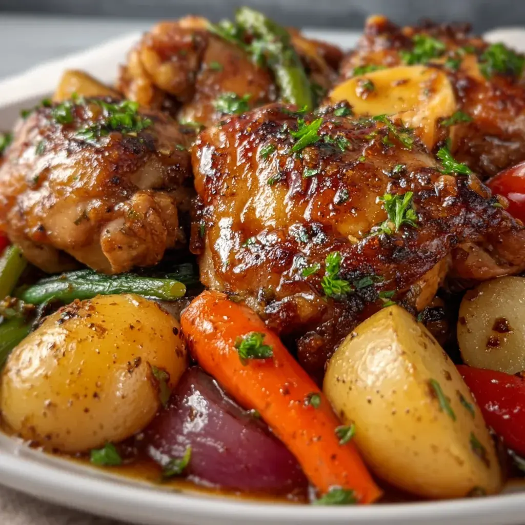 Deeply browned bone-in chicken thighs in a dark glossy glaze with baby potatoes, carrot batons, green beans, red onion wedges and red pepper on a white plate