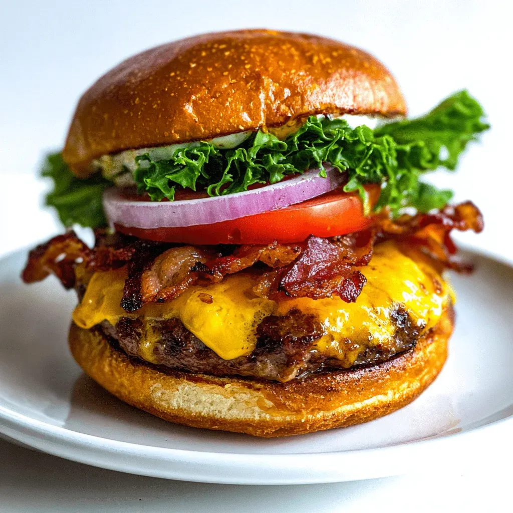 Cheeseburger on a toasted brioche bun with melted cheddar, crisp bacon, tomato, red onion and lettuce, on a white plate