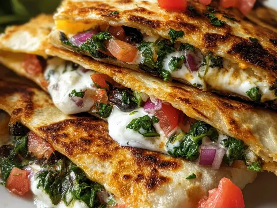 Stacked quesadilla wedges filled with spinach, diced tomato, red onion and a white creamy cheese, with fresh salsa on the plate